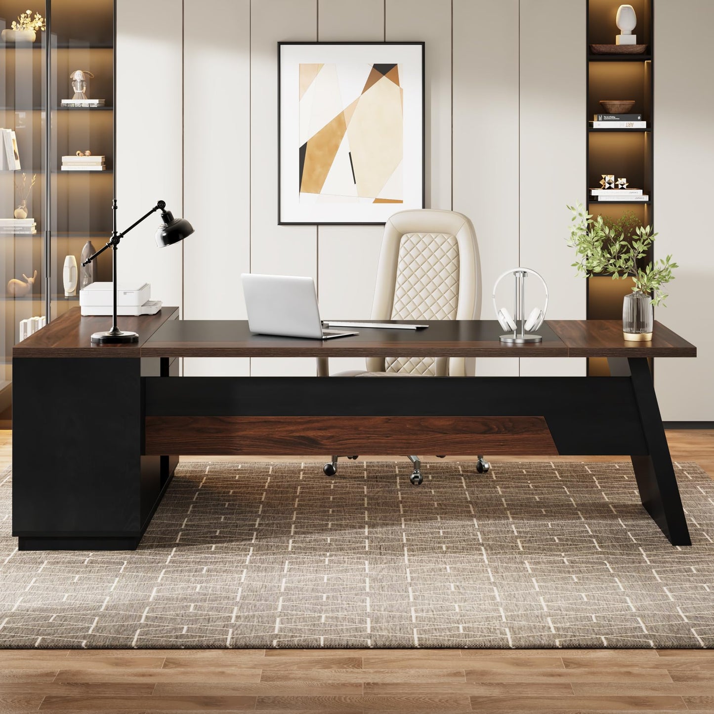 Tribesigns 78" L-Shaped Executive Desk, Large Office Desk with Drawers and File Cabinet, Modern Business Furniture for Home Office (Walnut & Black)