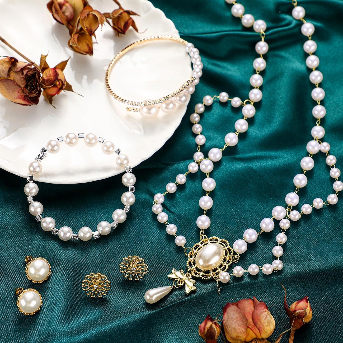 Glenmal Pearl Rhinestone Jewelry Set for Women Pearl Necklace Bracelet Earrings for Wedding Birthday Bridal Shower Tea Party(Casual Style)