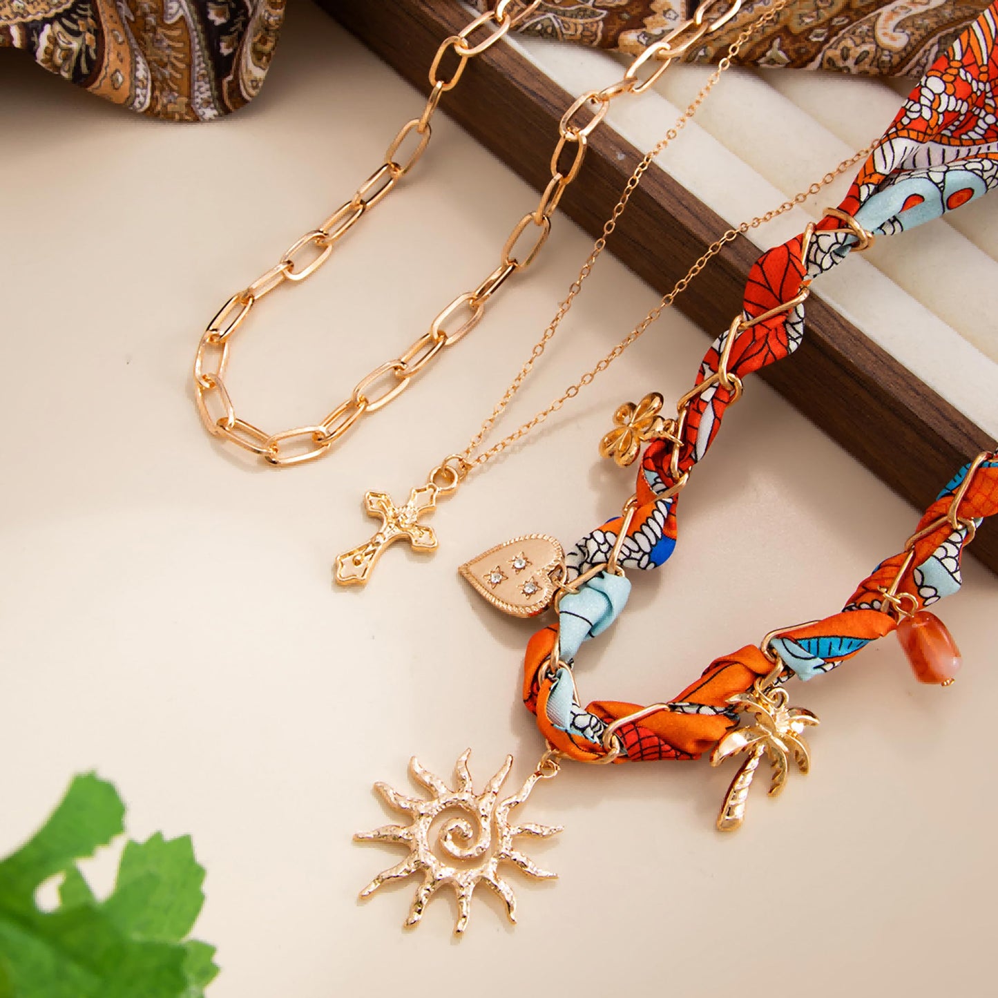 Your Always Charm Layered Scarf Necklace for Women - 3 Pcs Bandana Starfish Flower Shell Necklace with Charms, Summer Beach Boho Jewelry, Layered Choker Gift