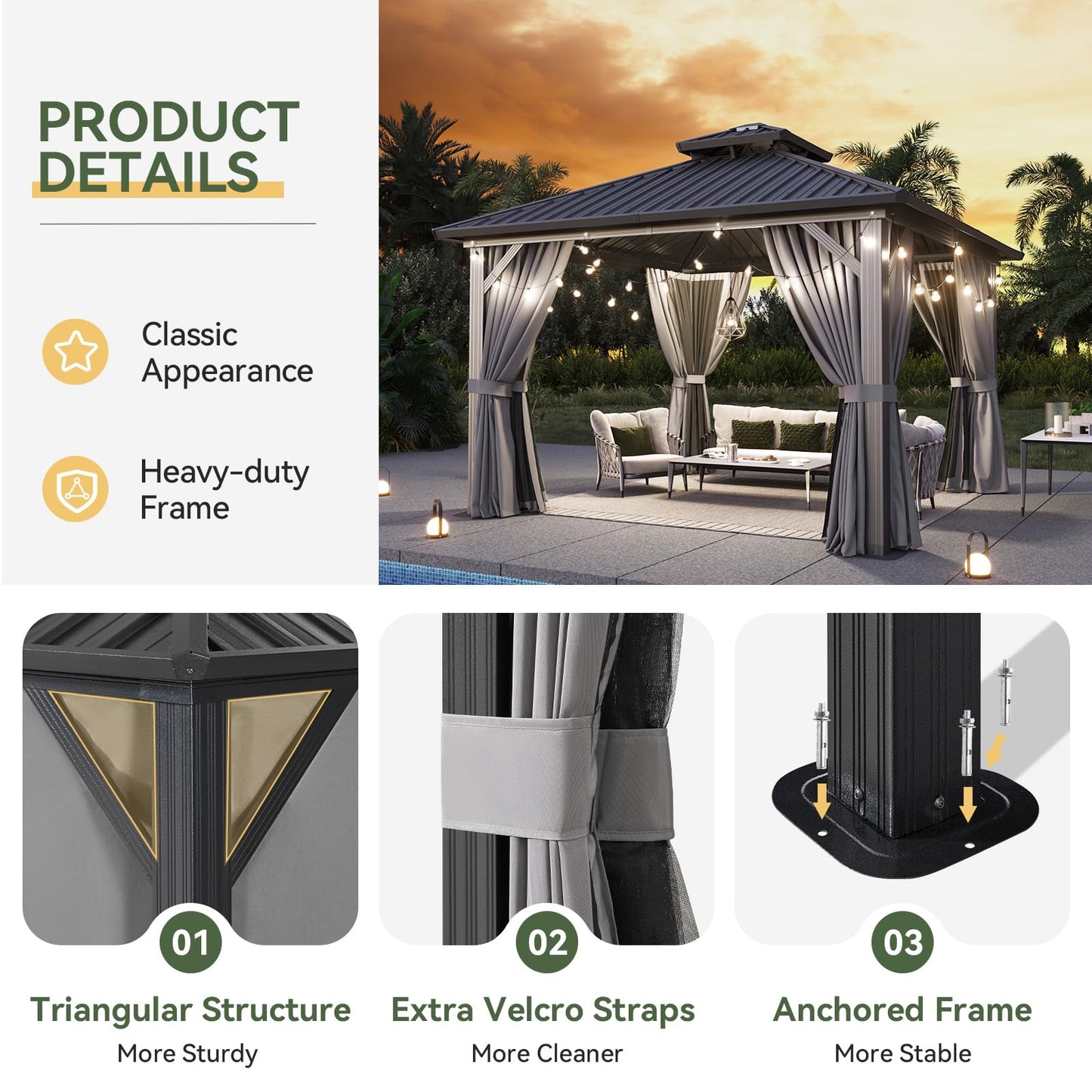 Aoxun 12'x12' Hardtop Gazebo, Metal Frame Canopy with Double Galvanized Steel Roof, Outdoor Metal Pavilion with Netting, Curtains for Backyard, Patio and Deck
