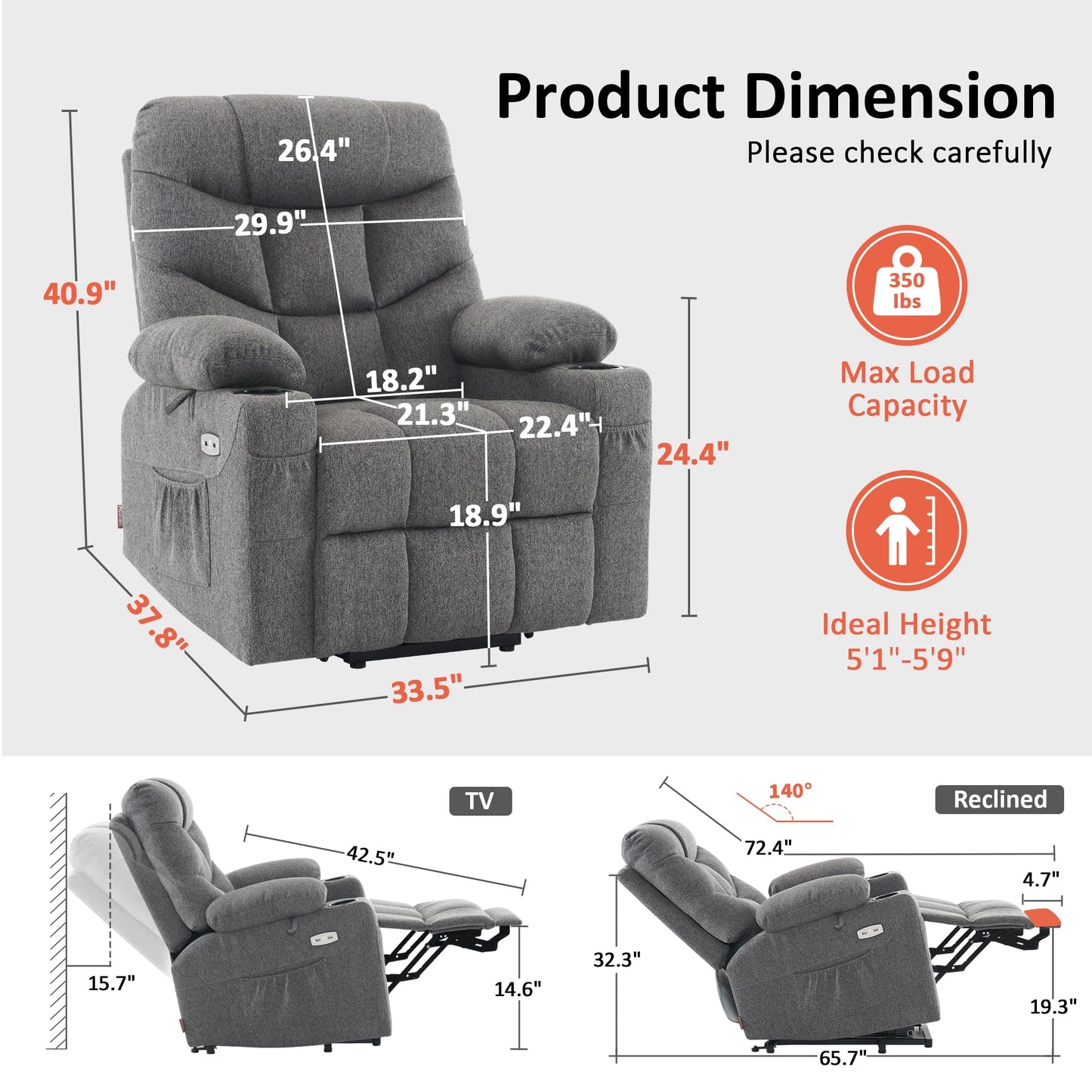 MCombo Power Lift Recliner Chair with Extended Footrest for Elderly People, Fabric 7287/7087 (Dark Gray, Medium)