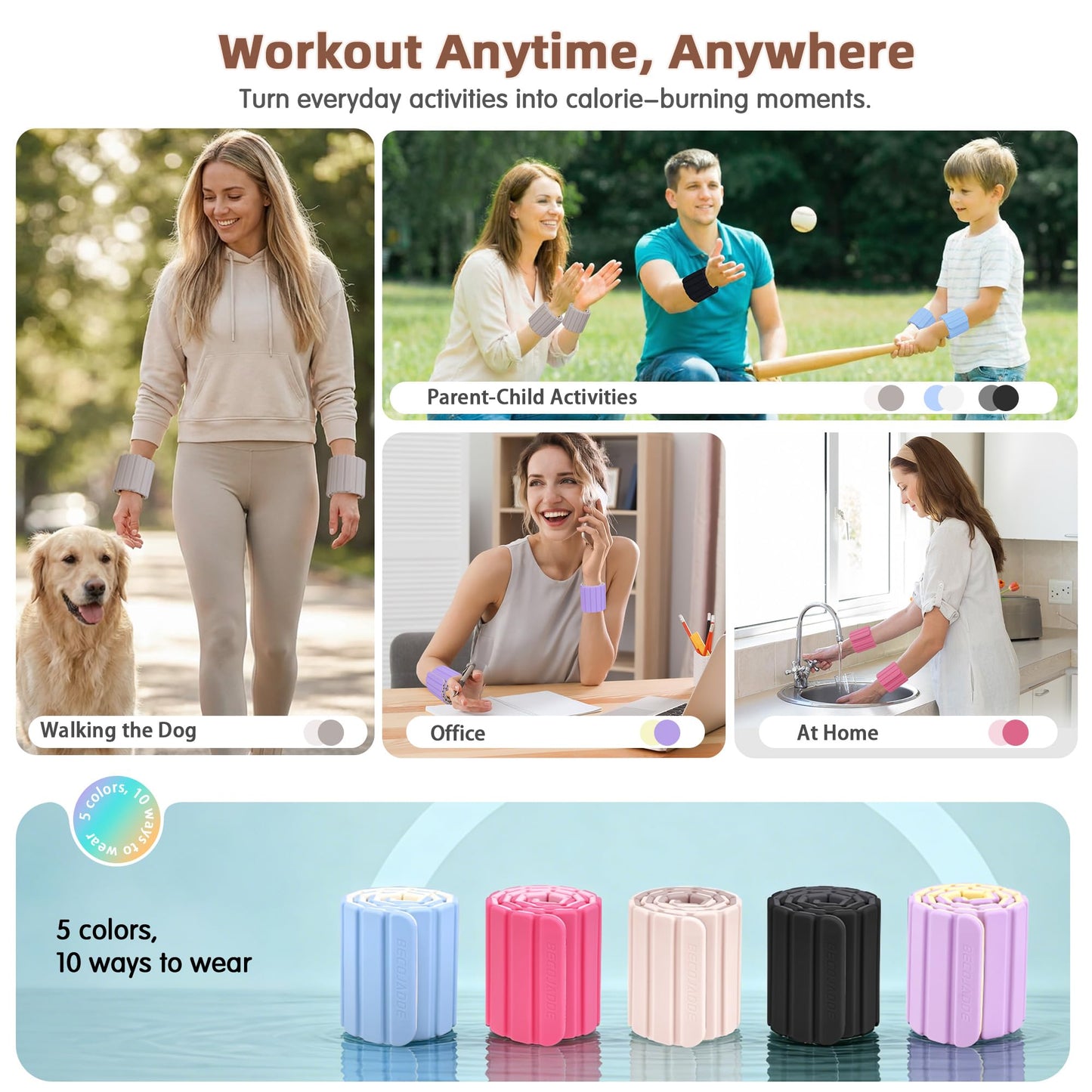 BECOJADDE Wrist Weights Ankle Weights for Women 1 Pair (1.1 lb Each) Silicone Magnetic Leg Arm Weighted Bracelet for Home Yoga Pilates Gym Workout Walking Jogging, Beige Taupe