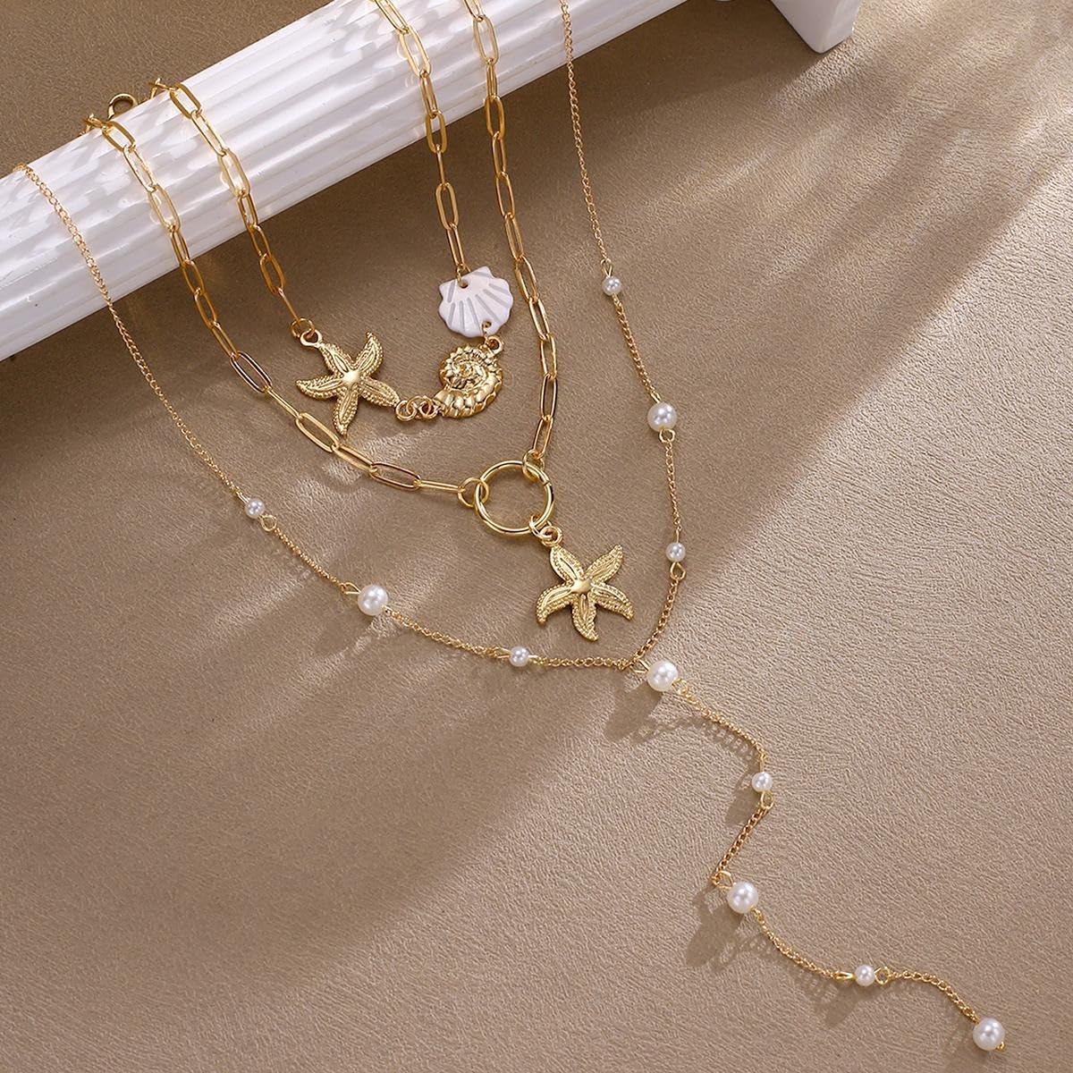 Gold Shell Starfish Necklace for Women Layered Pearl Conch Pendant Necklace Dainty Summer Beach Vacation Boho Jewelry (Gold 3pcs)