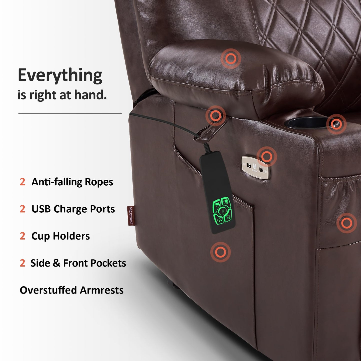 MCombo Small Power Lift Recliner Chair Sofa with Massage and Dual Heating, Adjustable Headrest for Elderly People Petite, USB Ports, Faux Leather 7111 (Dark Brown)