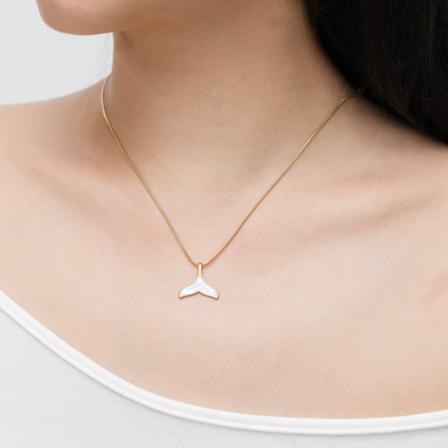 Mermaid Tail Choker Necklace for Women, 14K Gold Plated Mother-of-Pearl Pendant on Adjustable Stainless Steel Snake Chain, Dainty Ocean-Inspired Jewelry Gift