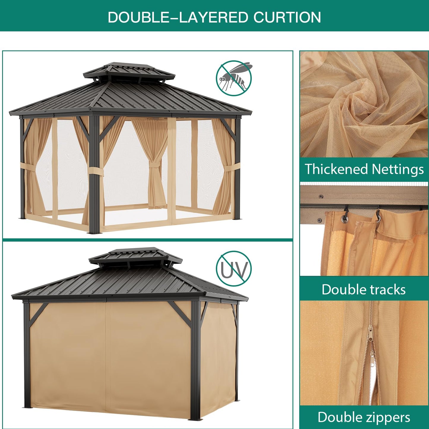 12'x10' Hardtop Gazebo, Heavy Duty Aluminum Permanent Hardtop Gazebo Outdoor Pavilion with Curtains and Netting for Garden