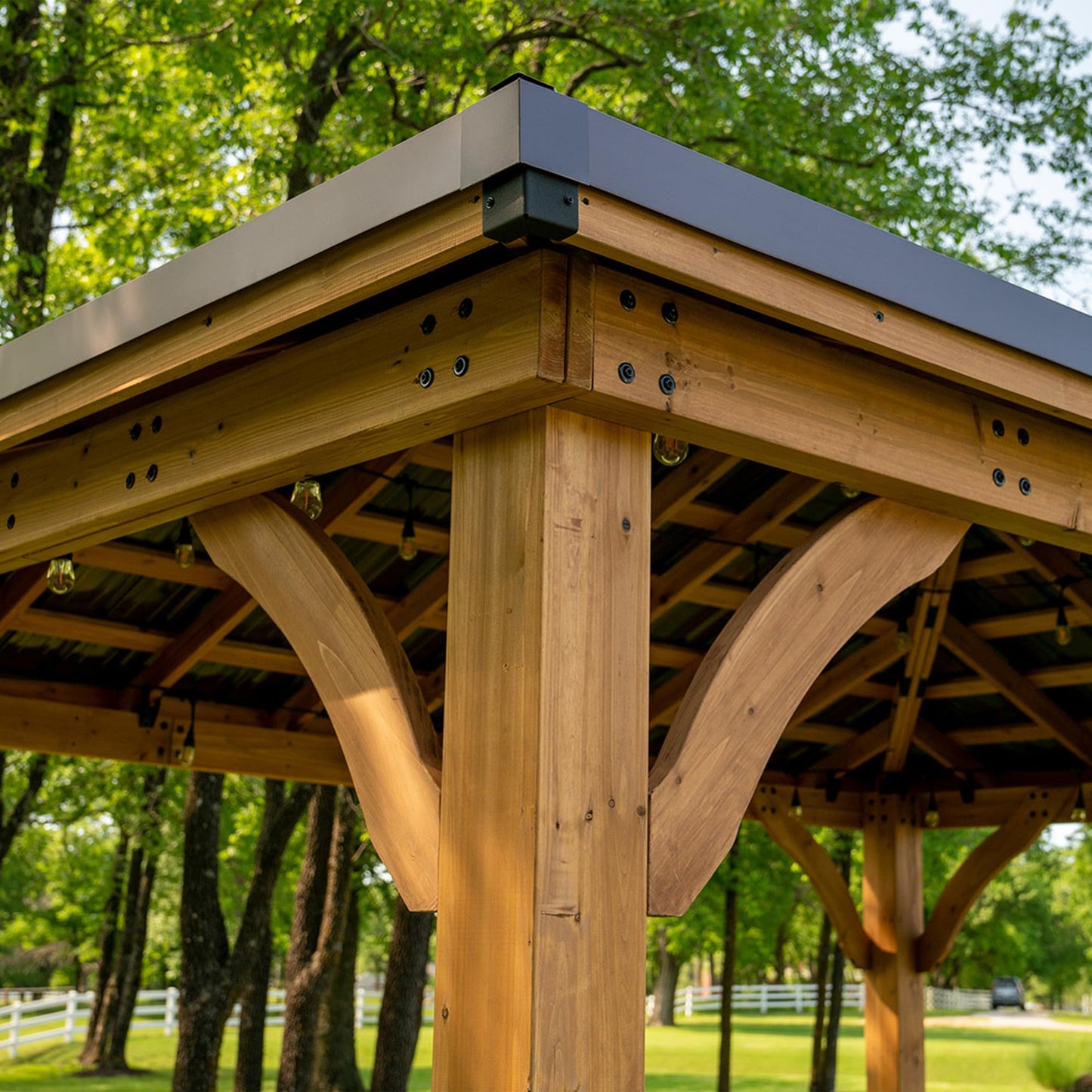 Backyard Discovery Barrington 14' x 12' Cedar Wood Outdoor Gazebo Pavilion with Hardtop Galvanized Steel Hip Roof, Snow Support, Wind Resistance, PowerPort, Shade for Garden, Patio, Deck, Entertaining