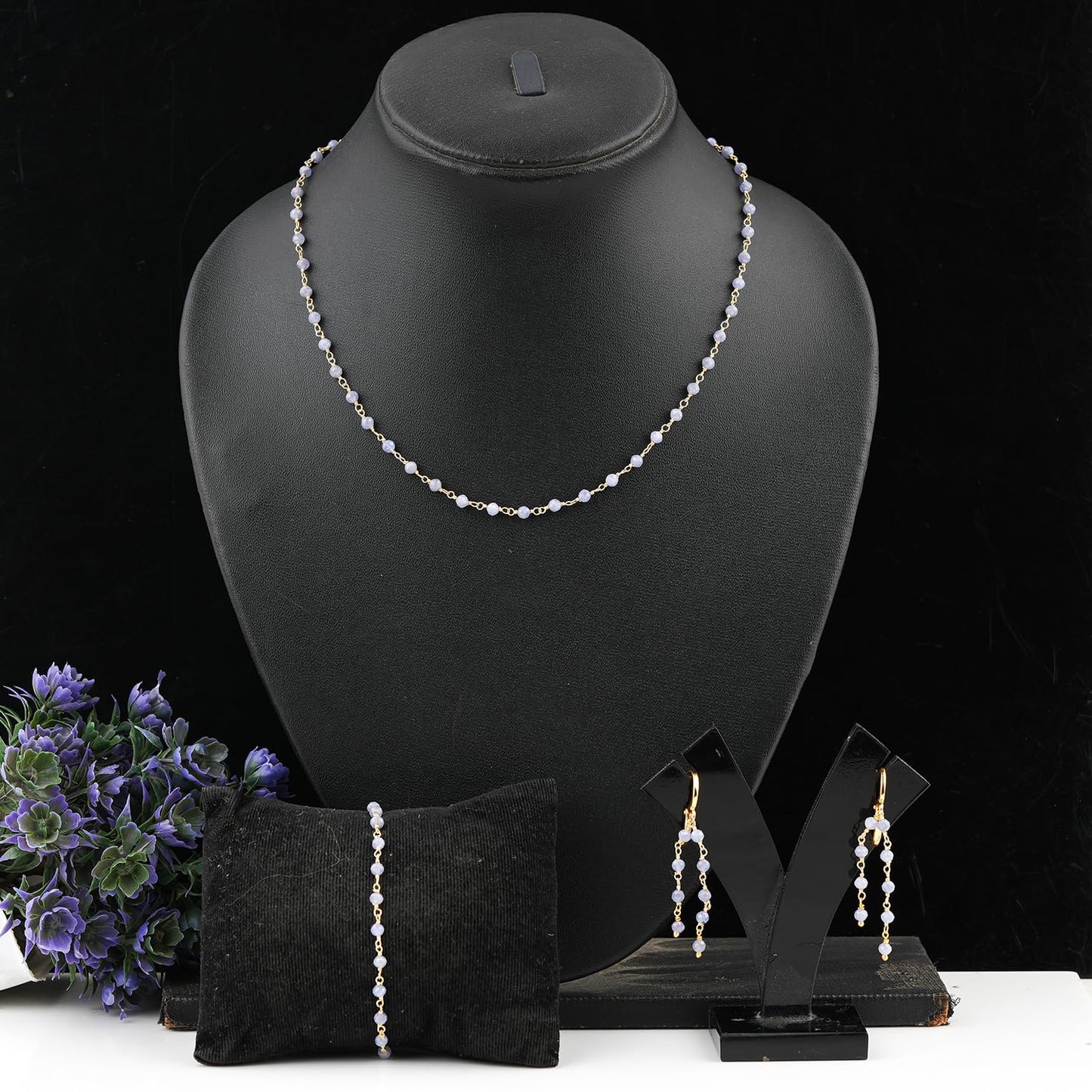 CRYSTALINES (3pcs) Genuine Blue Tanzanite Gemstone Cluster Combo Set, 14K Gold Plated Jewelry, Blue Crystals Rosary Chain, Handmade Bohemian Jewelry - Bracelets, Necklace, Earrings for Women