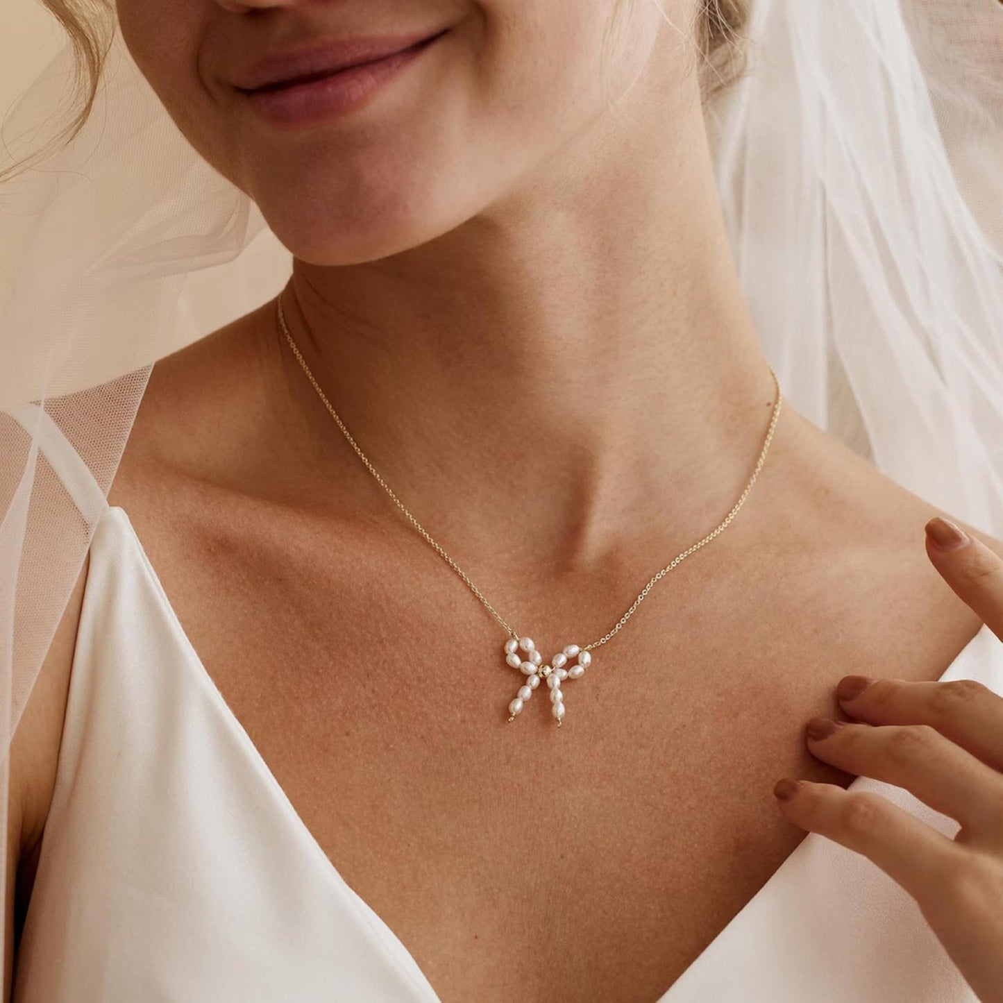 Caenyo Dainty Pearl Bow Pendant Necklace for Everyday Wear, 14K Gold Plated, Lightweight & Tarnish Resistant, Elegant Jewelry for Women