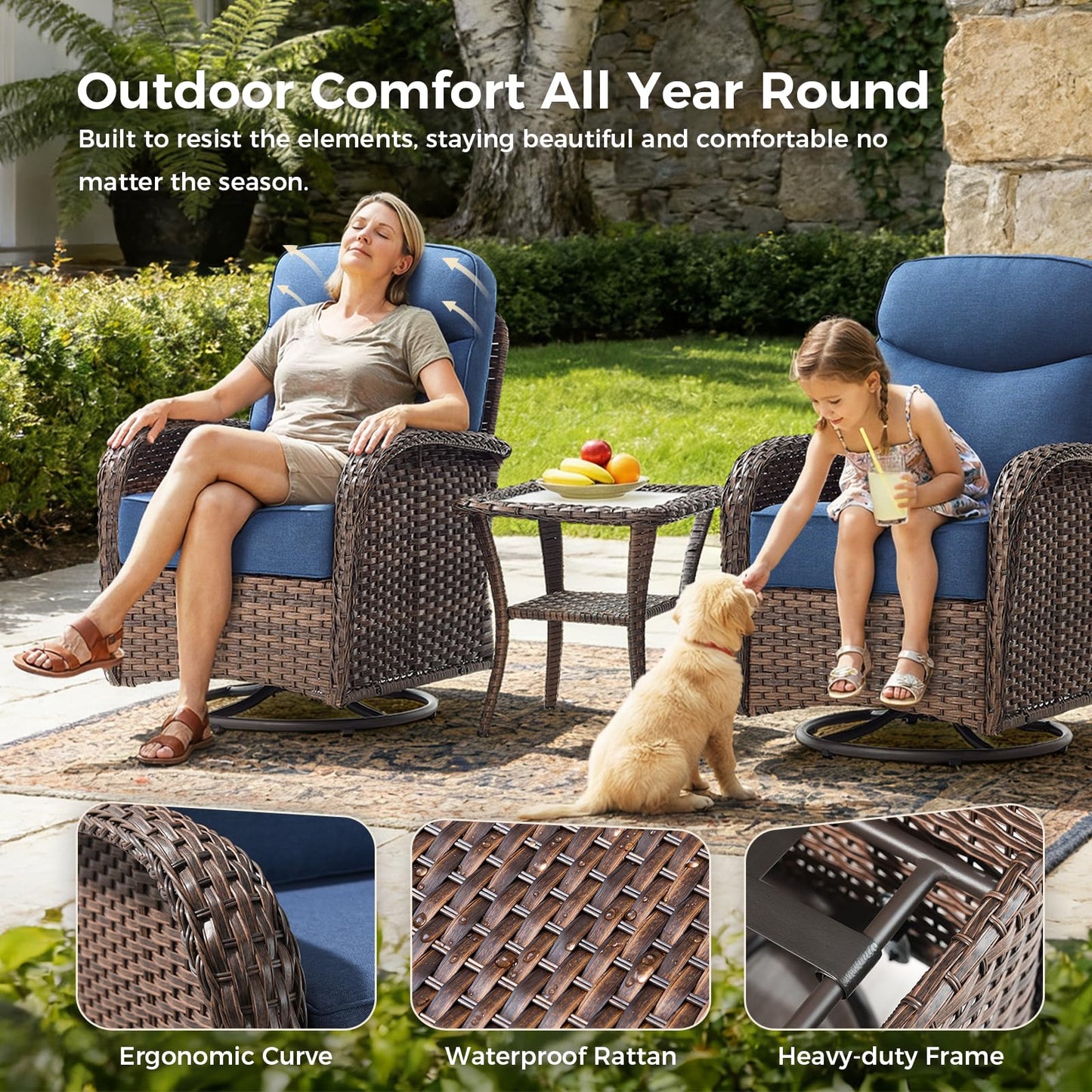 Luxury Patio Furniture Set with 6-inch Thick Cushions, Outdoor Furniture Set with High Back Swivel Chairs, 6 PCS Wicker Outdoor Conversation Set for Porch, Patio, Yard, Deck, Poolside, Brown/Blue