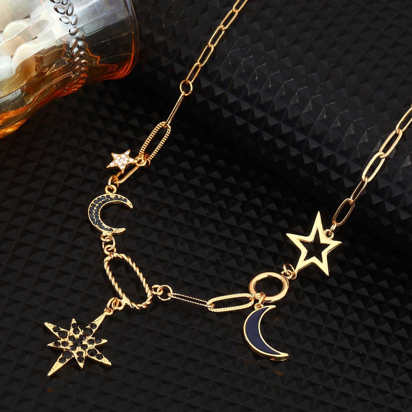 BONJOULRY Charm Necklace for Women Gold Moon and Star Charms Pendant Necklace Vintage Boho Gothic Paperclip Chain Chunky Choker Y Necklace Jewelry Gifts Celestial Black