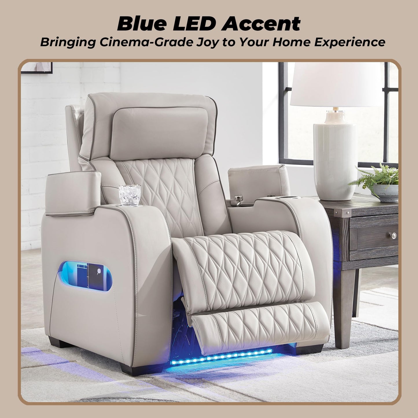 Signature Design by Ashley Boyington Contemporary Leather Match Power Recliner with Adjustable Headrest, Cup Holders, USB Port and Air Massage System, Light Gray