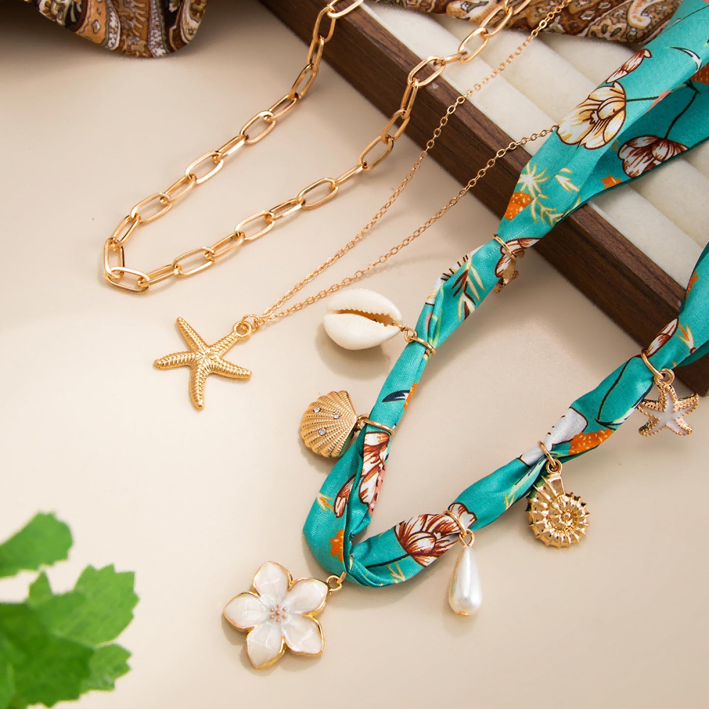 Your Always Charm Layered Scarf Necklace for Women - 3 Pcs Bandana Starfish Flower Shell Necklace with Charms, Summer Beach Boho Jewelry, Layered Choker Gift