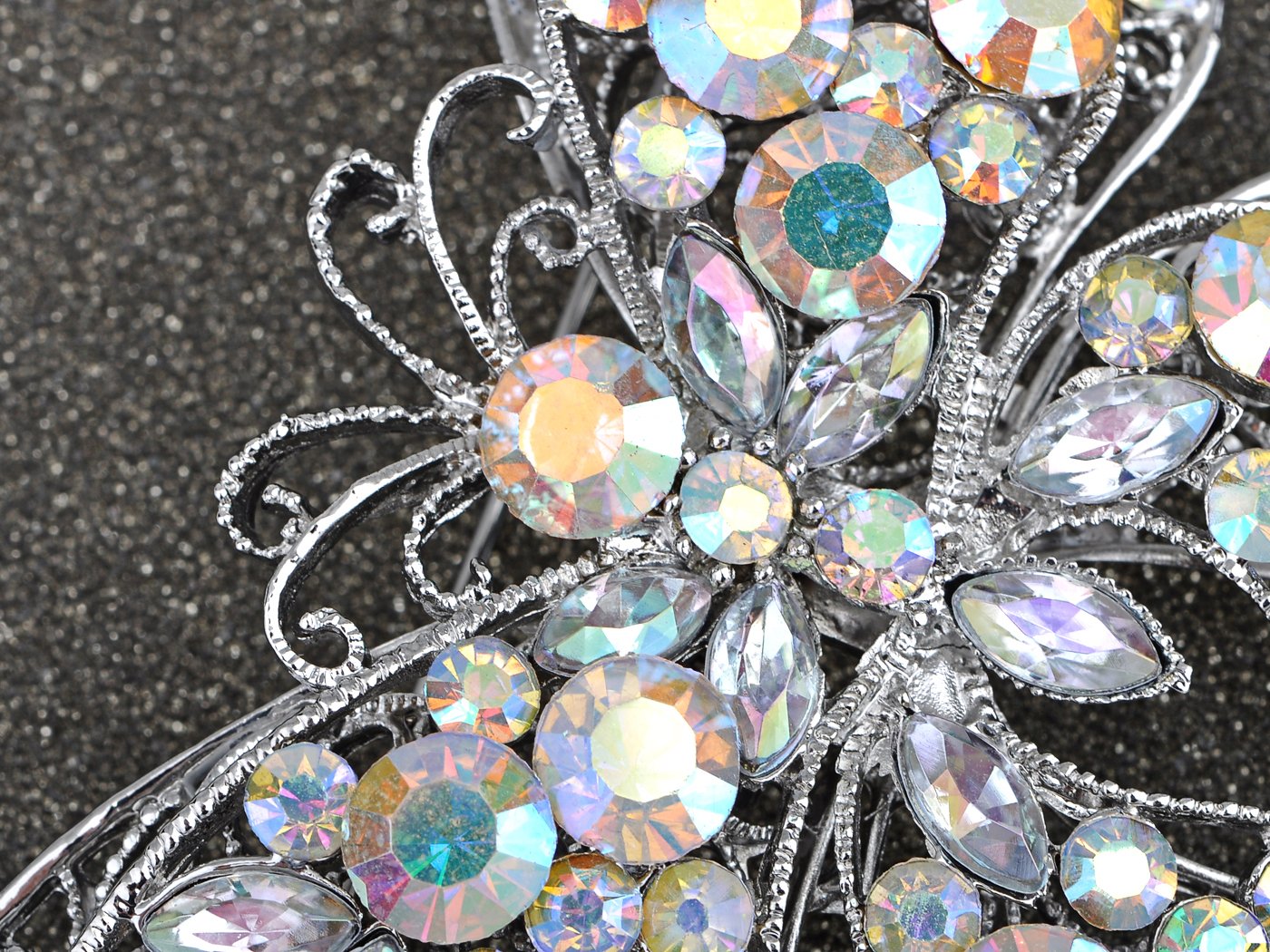 Alilang Silvery Tone Crystal Rhinestone Hollow Out Butterfly Brooch Pin, Aurora Borealis