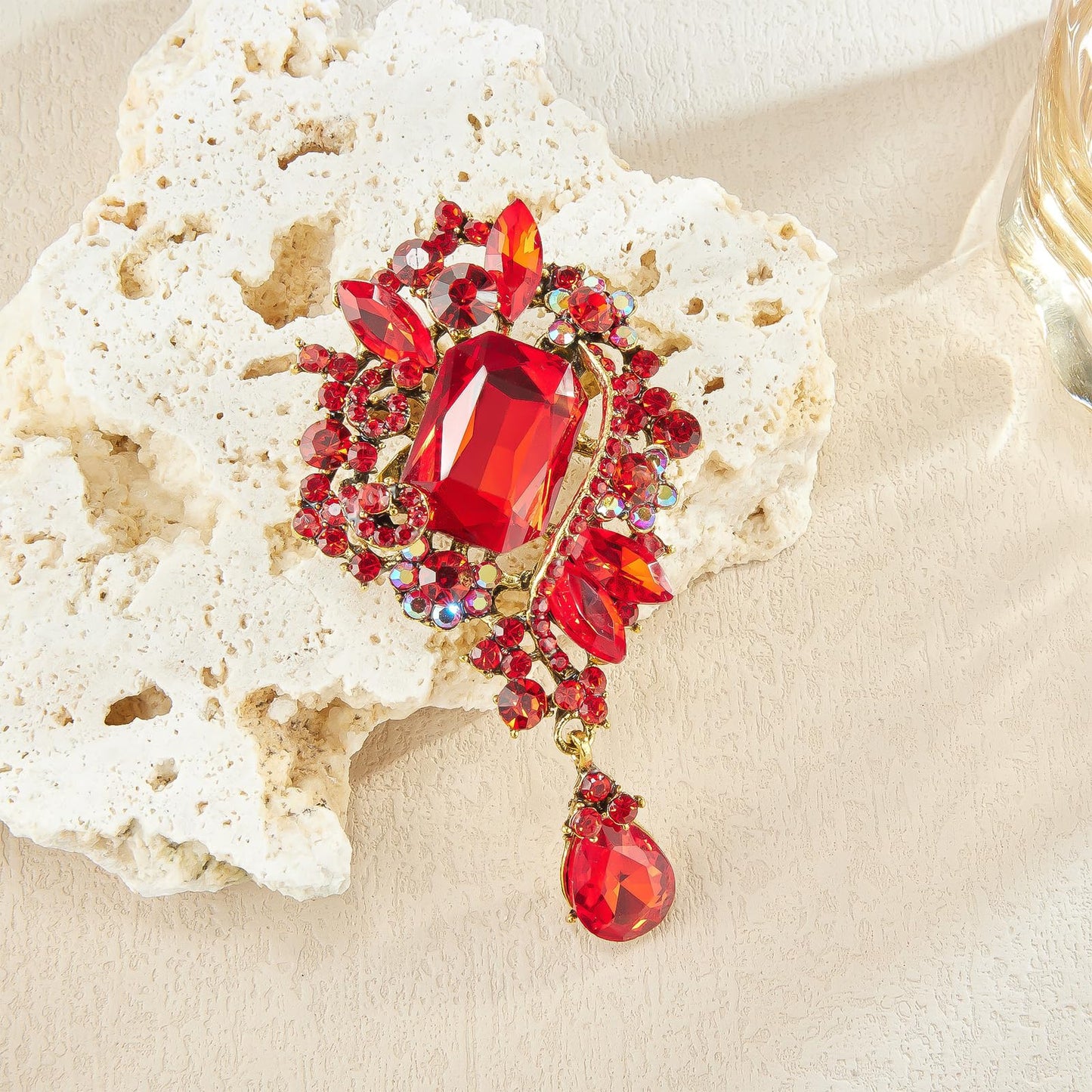 YOQUCOL Retro Red Austrian Crystal Big Brooch Pin for Women Large Flower Water Drop Shape Brooches Lapel Pins for Sweater,Coat Dress Accessories -106