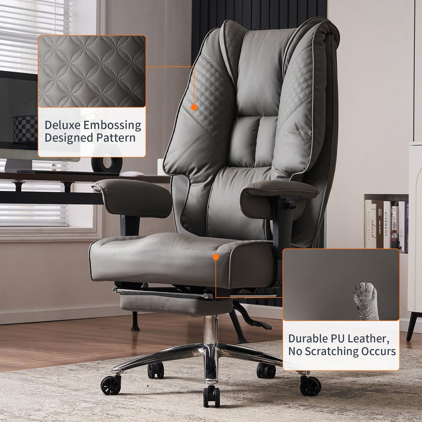 EXCEBET Big and Tall Office Chair 400lbs Wide Seat, Leather High Back Executive Office Chair with Foot Rest, Ergonomic Chairs Lumbar Support for Lower Back Pain Relief (Grey)