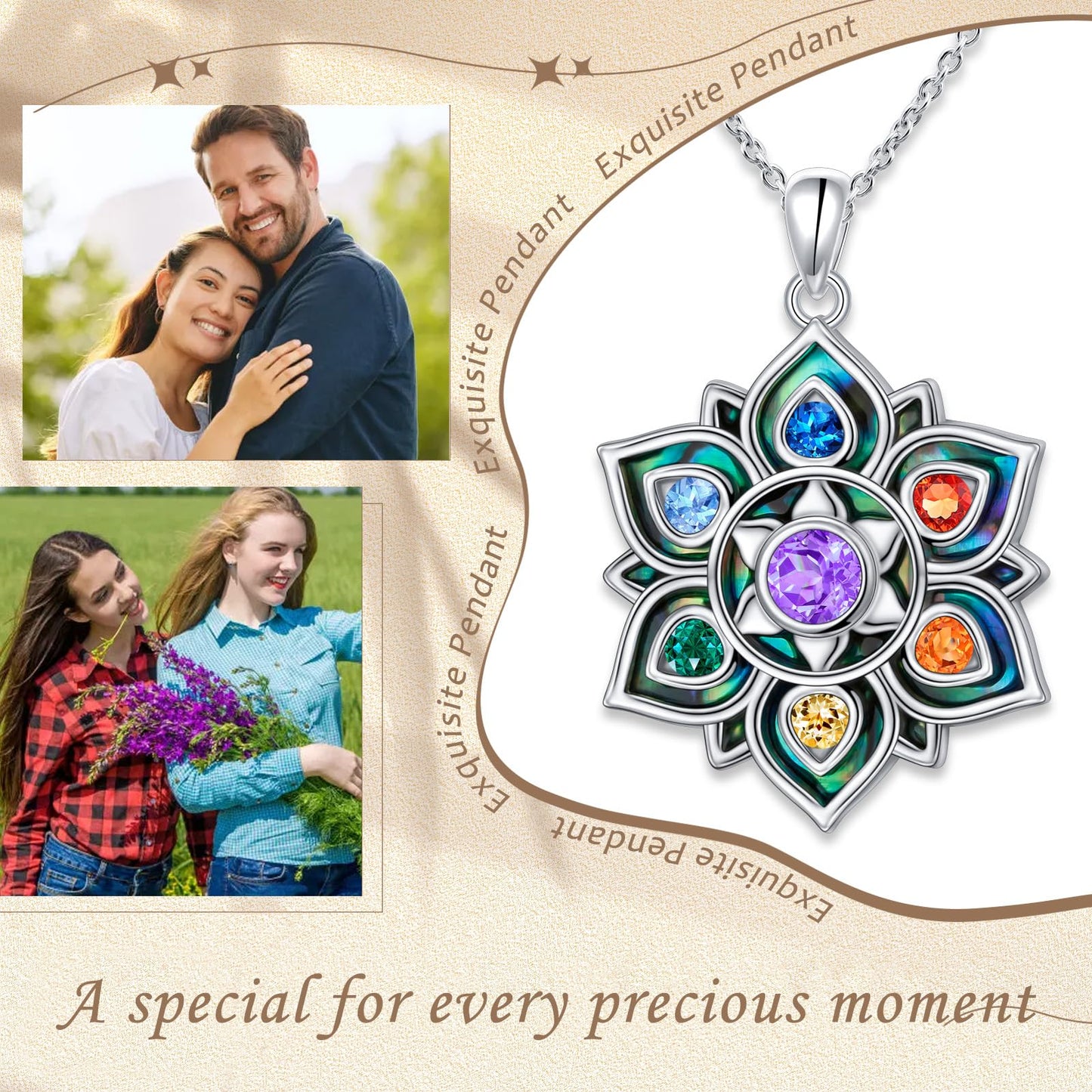 FLYOW 7 Chakra Necklace 925 Sterling Silver Lotus Flower Abalone Shell Yoga Energy Balance Pendant Spiritual Healing Jewelry Birthday Gifts for Anxiety Stress Relief Balancing Meditation