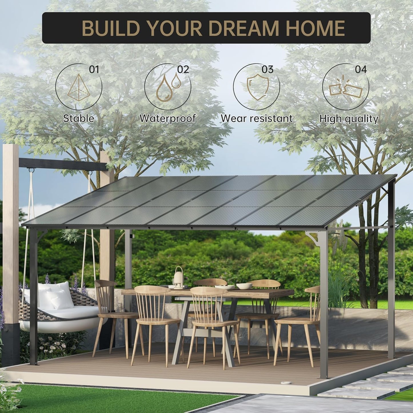 10'X12' Hardtop Wall Mounted Gazebo with Gutters & Galvanized Steel Roof, 60MPH Wind Resistance, Lean to Gazebo Pergola with Sloped Roof for Deck, Porch, Backyard and More, Black
