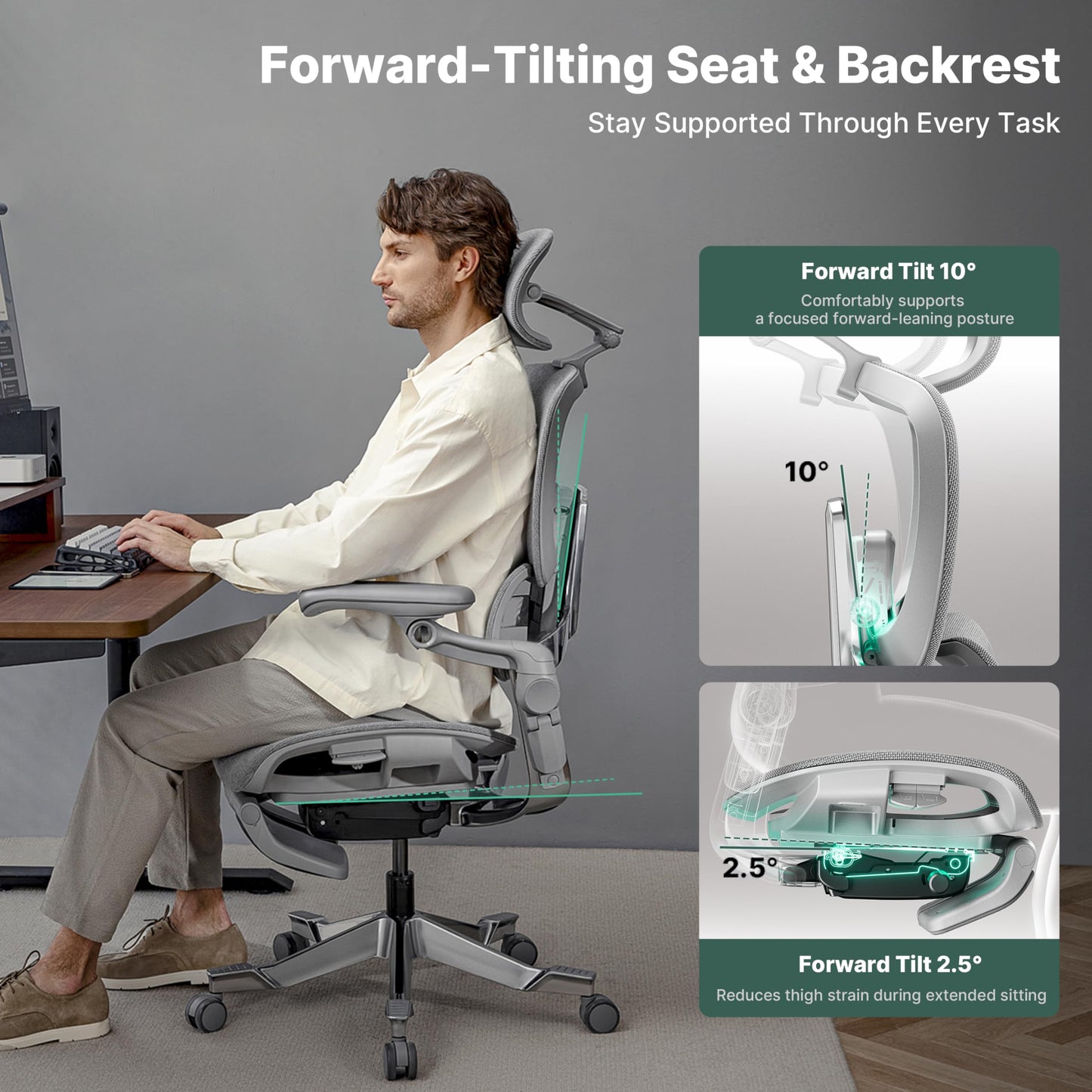 HINOMI H2 Pro Premium Ergonomic Office Chair - Comfy Home Office Desk Computer Chair with Adjustable Back Support, Swivel Wheels, Flip-up Arms, Comfortable Mesh Seat for Desk Work (Gray)