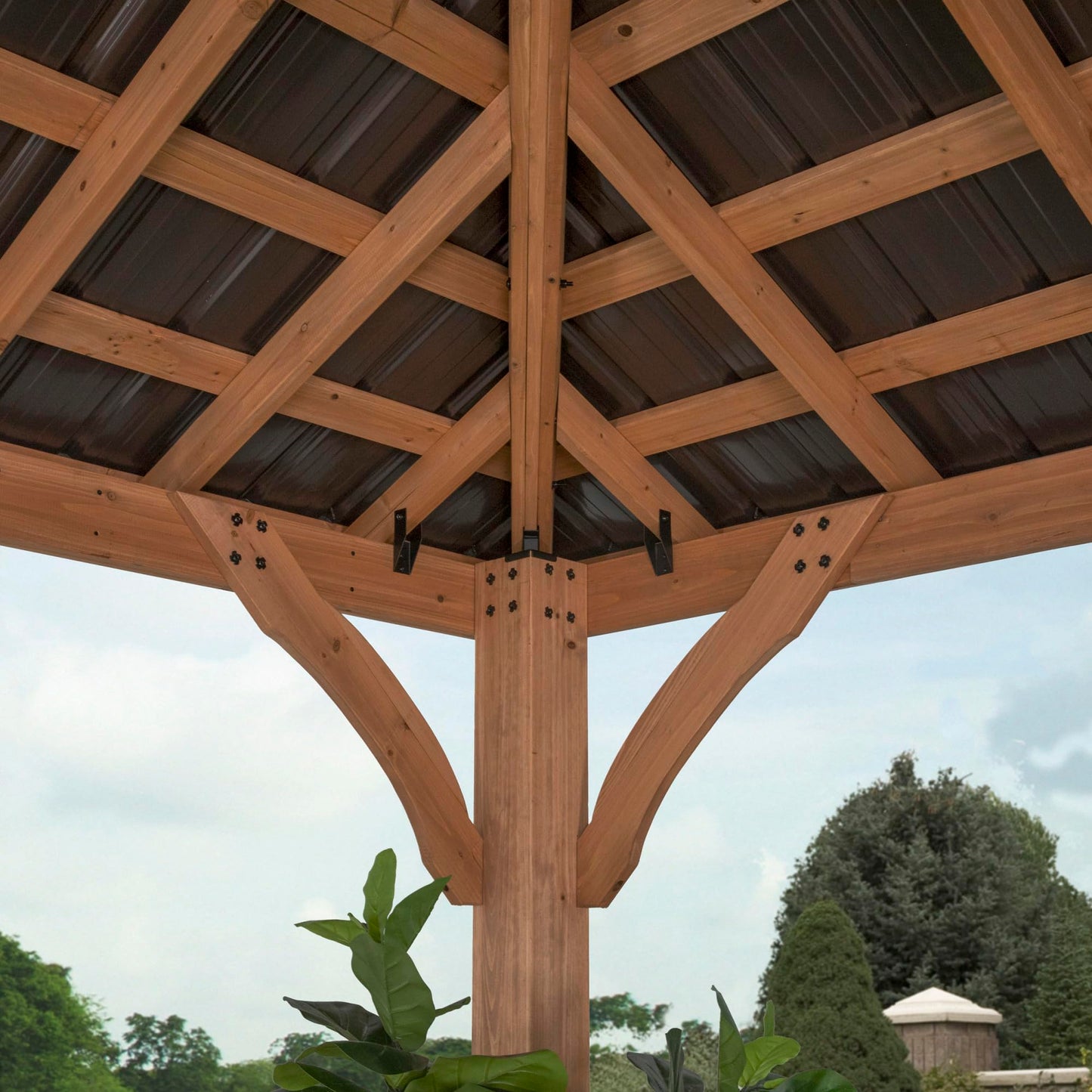 Backyard Discovery Barrington 12' x 10' Cedar Wood Outdoor Gazebo Pavilion with Hardtop Galvanized Steel Hip Roof, Snow Support, Wind Resistance, PowerPort, Shade for Garden, Patio, Deck, Entertaining