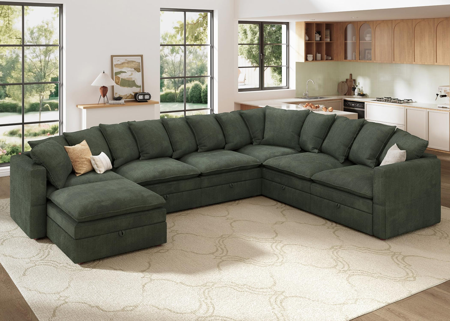 HONBAY Modular Sectional Sofa with Ottoman, 7 Seat U Shaped Couch with Storage & Pillows, 137 Inch Oversized Sectional Sofa for Living Room, Green
