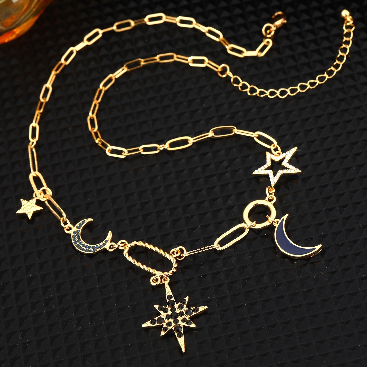 BONJOULRY Charm Necklace for Women Gold Moon and Star Charms Pendant Necklace Vintage Boho Gothic Paperclip Chain Chunky Choker Y Necklace Jewelry Gifts Celestial Black