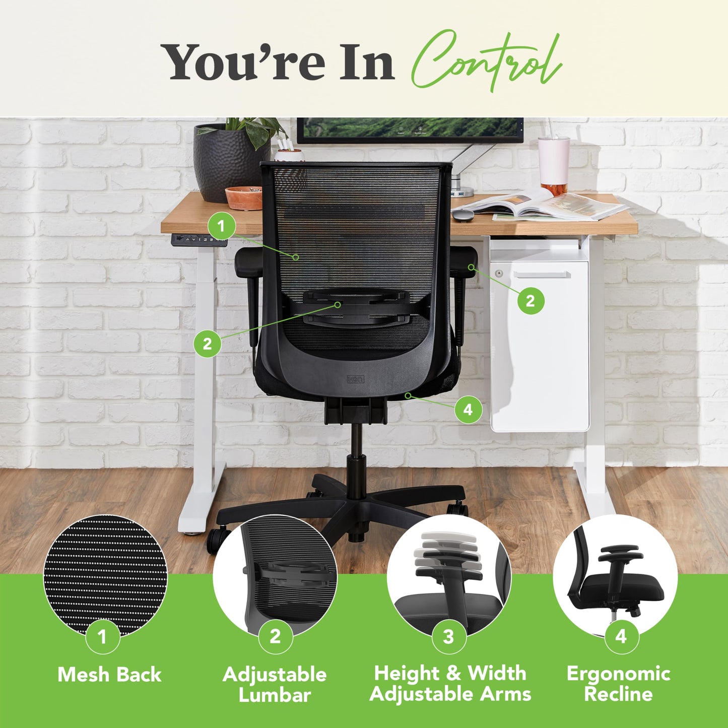 HON Convergence Ergonomic Office Chair with Mesh Back, Adjustable Arms, Lumbar Support, Synchro‑Tilt Desk Chair with Wheels for Home Office or Computer Use, Black Frame, Black