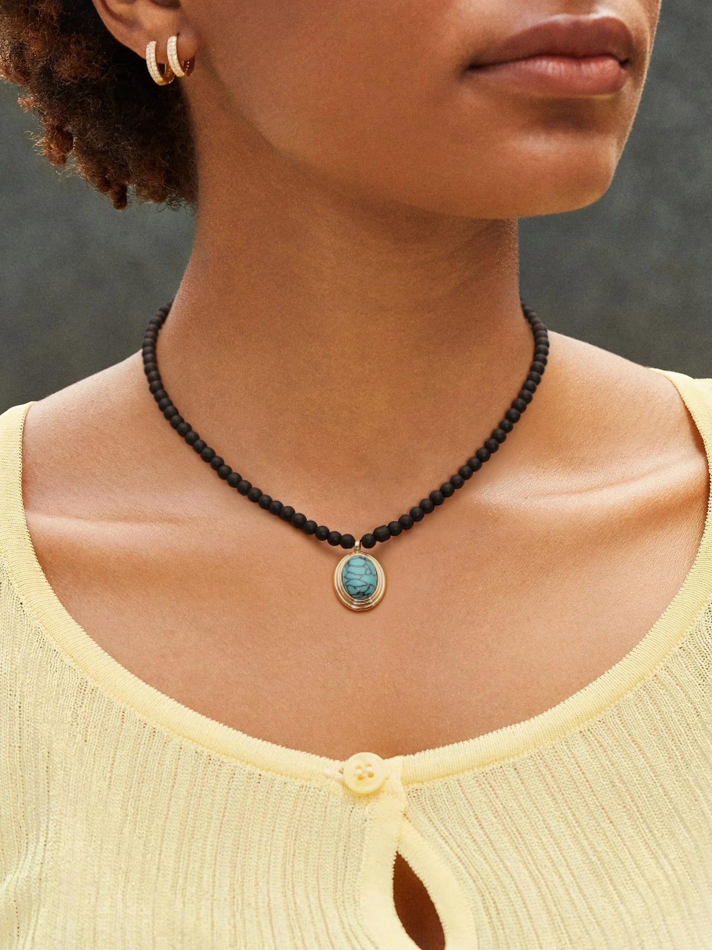 PEARLADA Boho Black Beaded Choker, Oval Turquoise Pendant Necklace for Women, 18k Gold Plated Chakra Gemstone Necklace