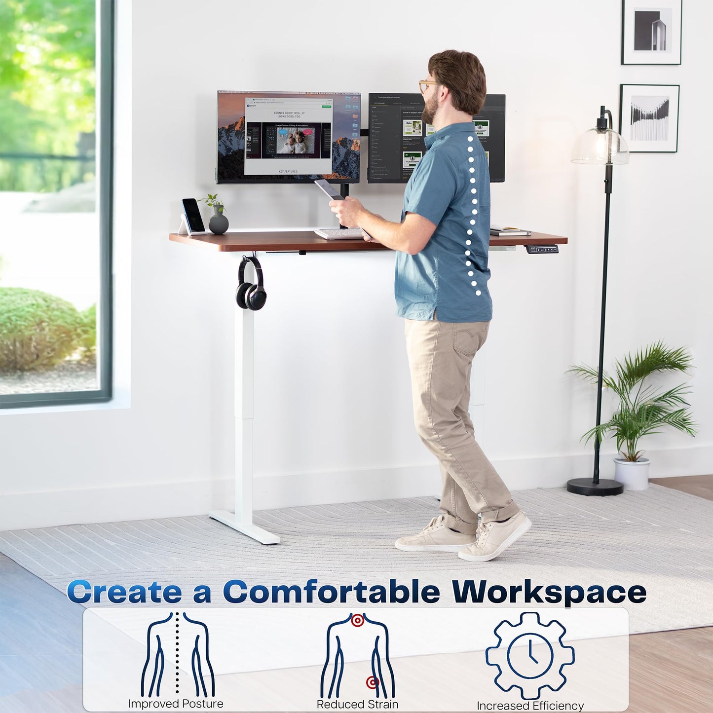VIVO Electric 60 x 24 in Standing Desk, Memory Height Adjustment, 1B Series, Holds 220 lbs, One-Piece Dark Walnut Top, White Frame, DESK-KIT-1W6D