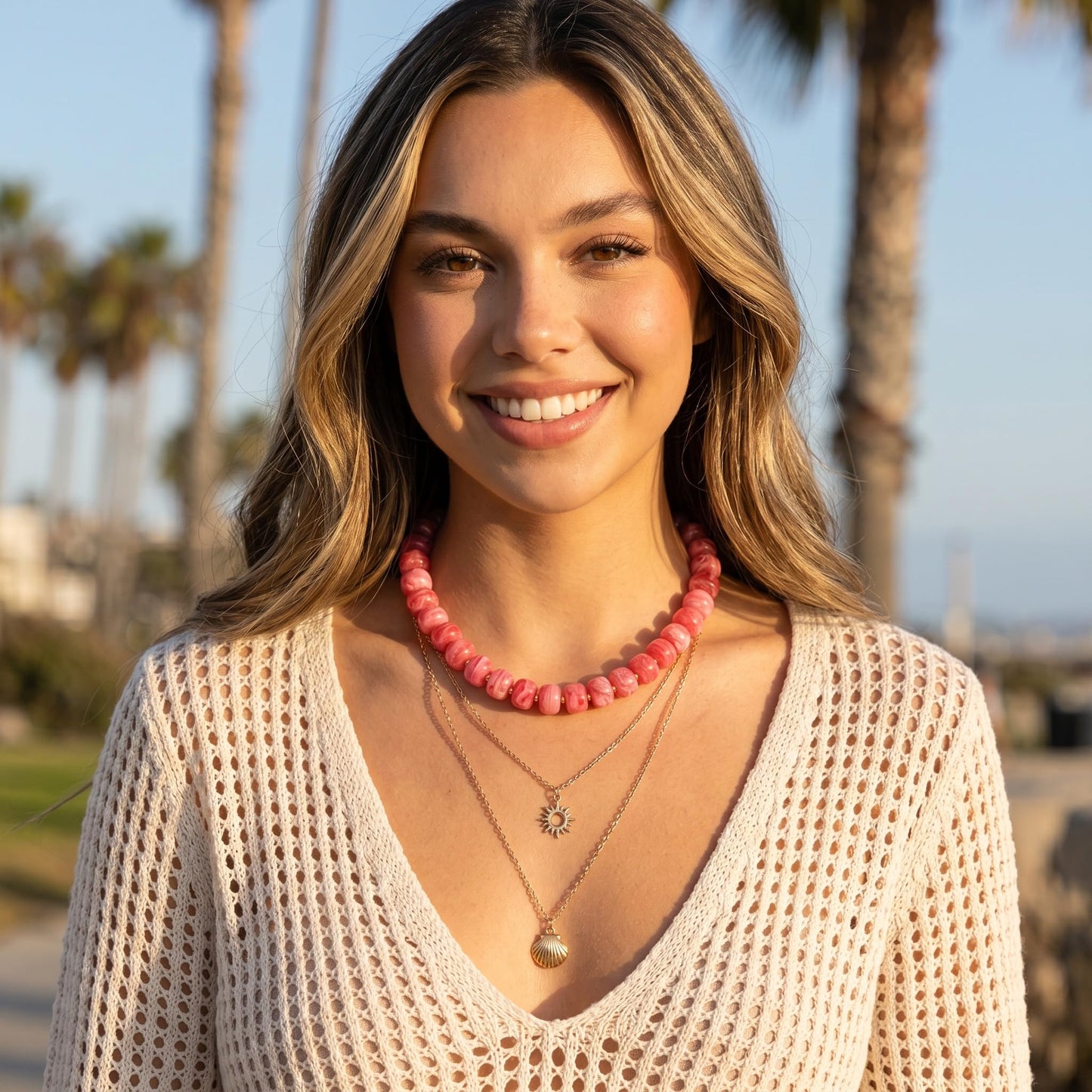 Badu Rose Pink Chunky Beaded Necklace for Women Boho Bead Choker Necklace Summer Fashion Trendy Jewelry Gift