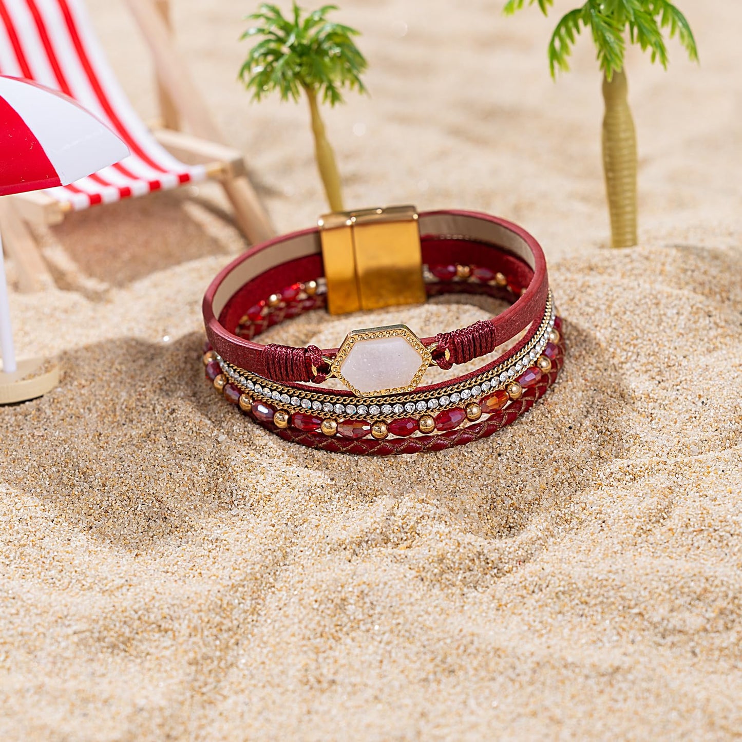 FANCY SHINY Crystal Beaded Leather Wrap Bracelet Stackable Boho Jewelry for Women Trendy Braided Resin Stone Bangle Cuff with Magnetic Clasp(Burgundy)