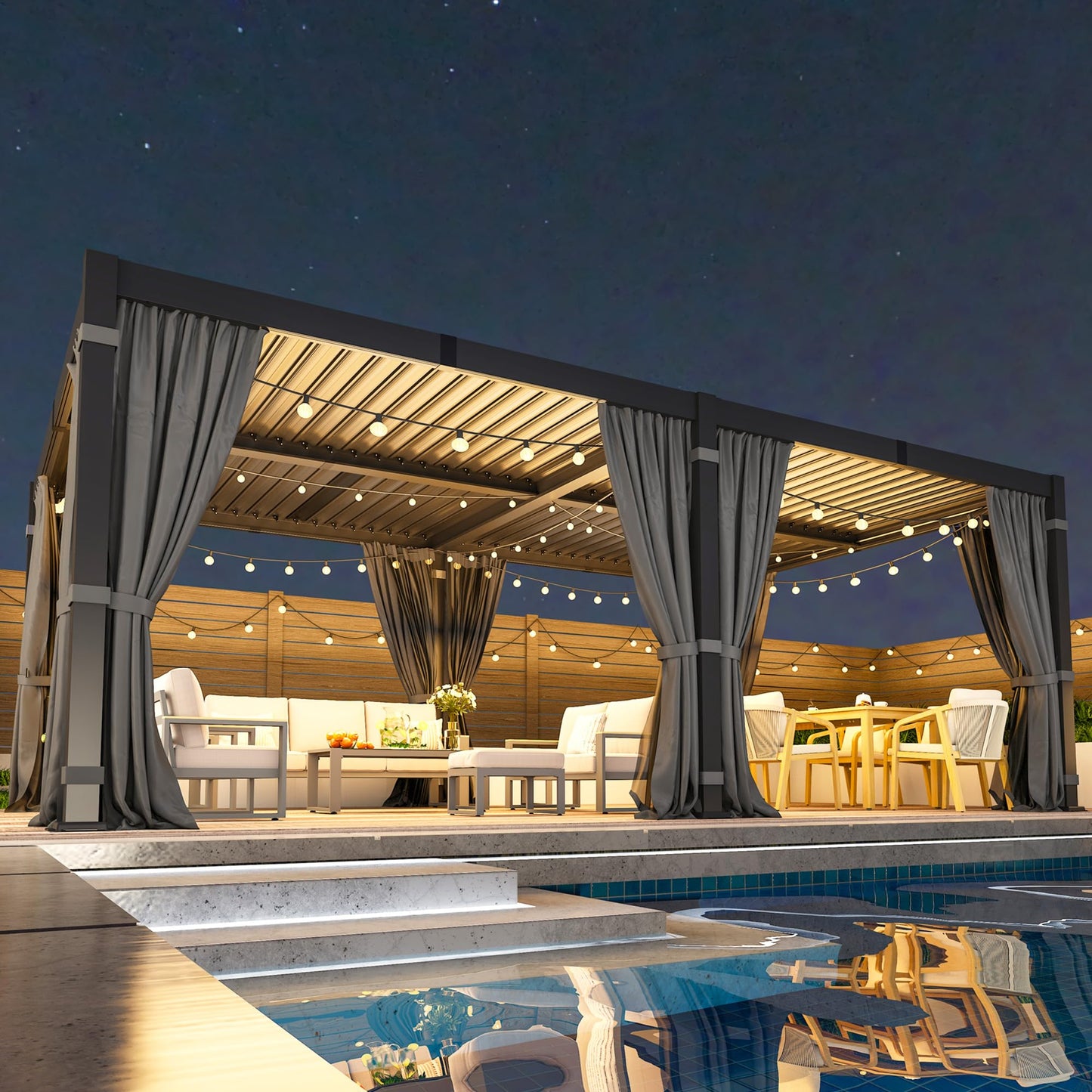 12' x 20' Louvered Pergola, Outdoor Pergola with Curtains & Netting, Metal Patio Pergola with Adjustable Louvers Roof and Gutter System, Metal Hardtop Gazebo for Patio, Deck, Garden, Yard, Dark Gray