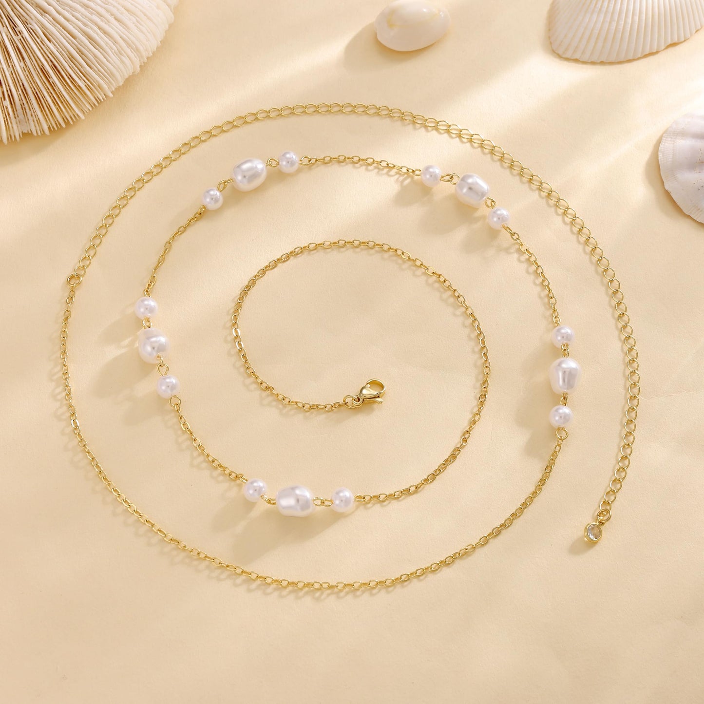 Risamil 14K Gold Plated Waist Chain for Women, Layered Pearl Belly Belt Chains Beach Waist Beads Waterproof Body Chain Gold Jewelry for Women Gifts Fashion Accessories