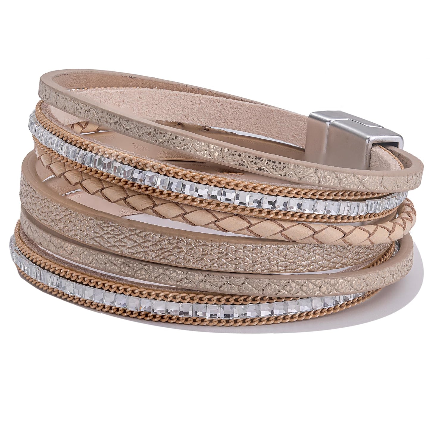 FANCY SHINY Boho Leather Wrap Bracelets Trendy Layered Bracelets with Magnetic Clasp Strackable Bohemian Cuff Jewelry Gifts for Women(Cream)