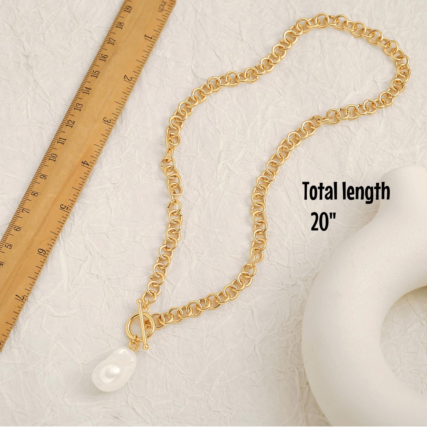 Large Baroque Pearl Pendant Necklace, 18k Gold Plated Chunky Chain Link Necklace for Women, Statement Necklace with Toggle Clasp