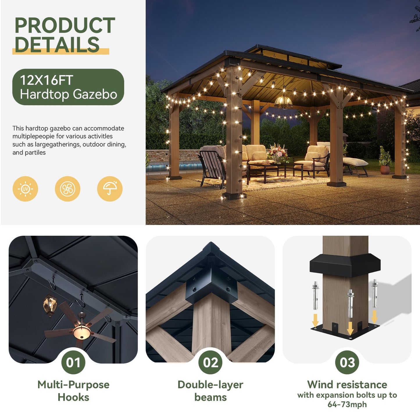 Aoxun 12' x 16' Outdoor Wood Gazebo, Hardtop Gazebo with Galvanized Steel Roof, Permanent Wooden Pavilion with Ceiling Fan, for Patio, Garden, Backyard, Cedar Wood, Grey