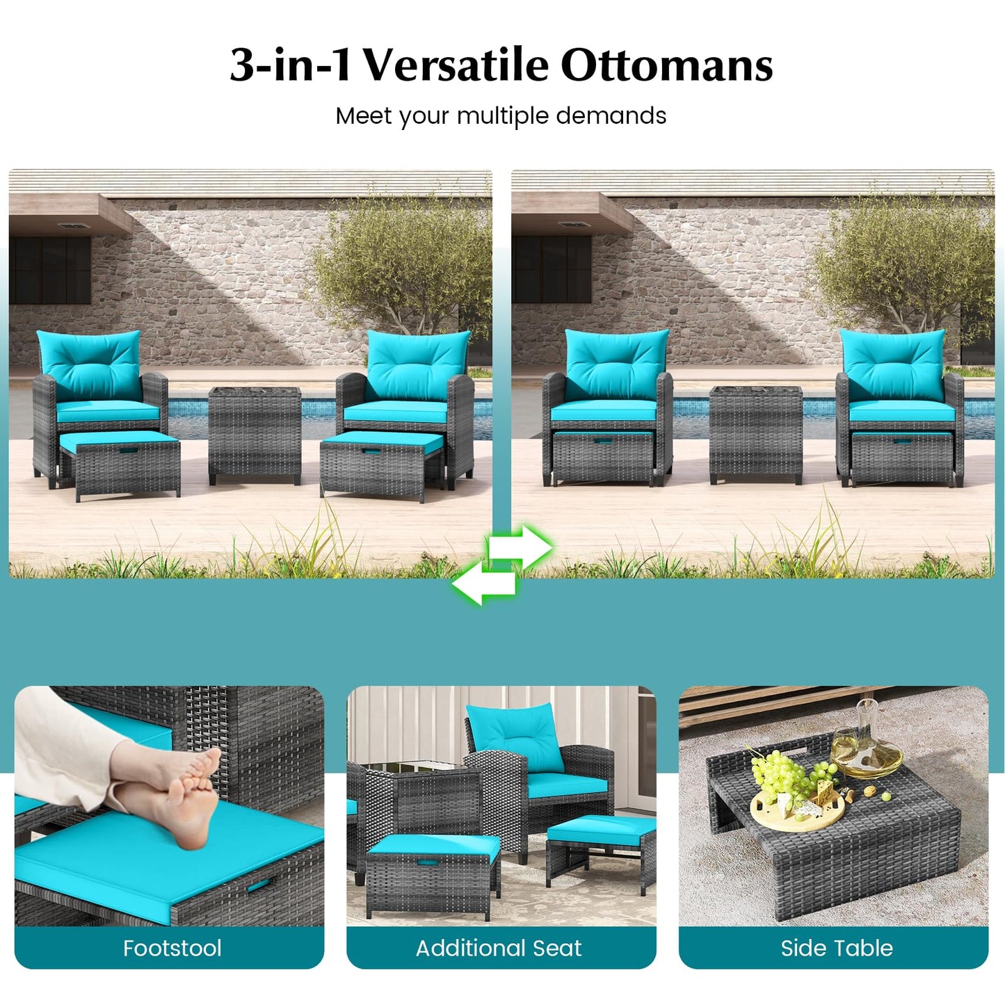 Tangkula 5 Pieces Patio Conversation Set, PE Wicker Rattan Outdoor Furniture Set with 2 Chairs, 2 Ottomans & Tempered Glass Coffee Table, Ideal for Poolside, Backyard, Lawn, Deck, Mix Grey & Turquoise