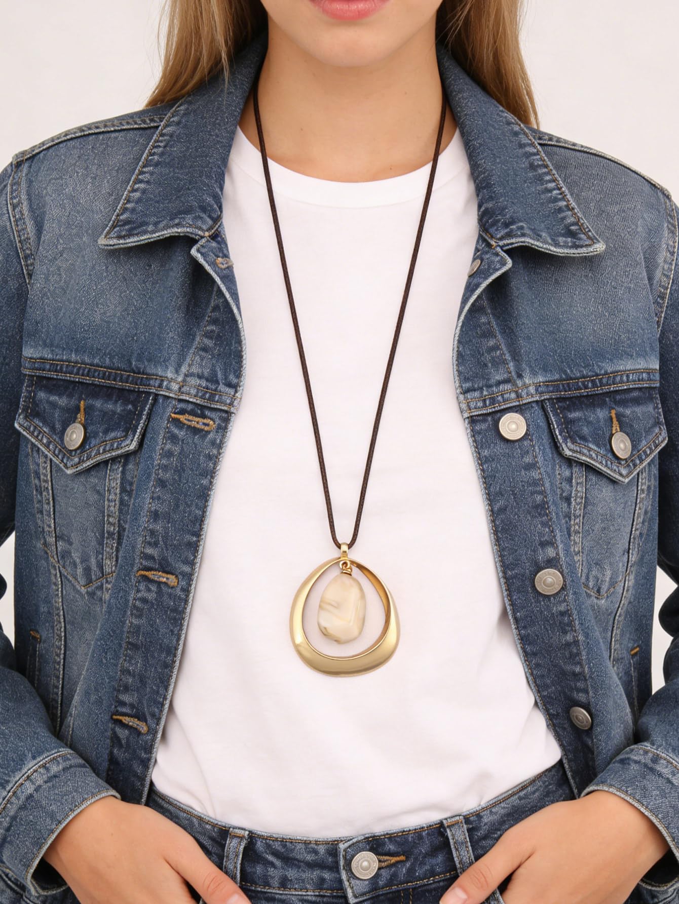 joymiao Boho Pendant Necklace for Women Vintage Long Chunky Bohemian Choker Necklace with Large Gold Pendant and White Stone