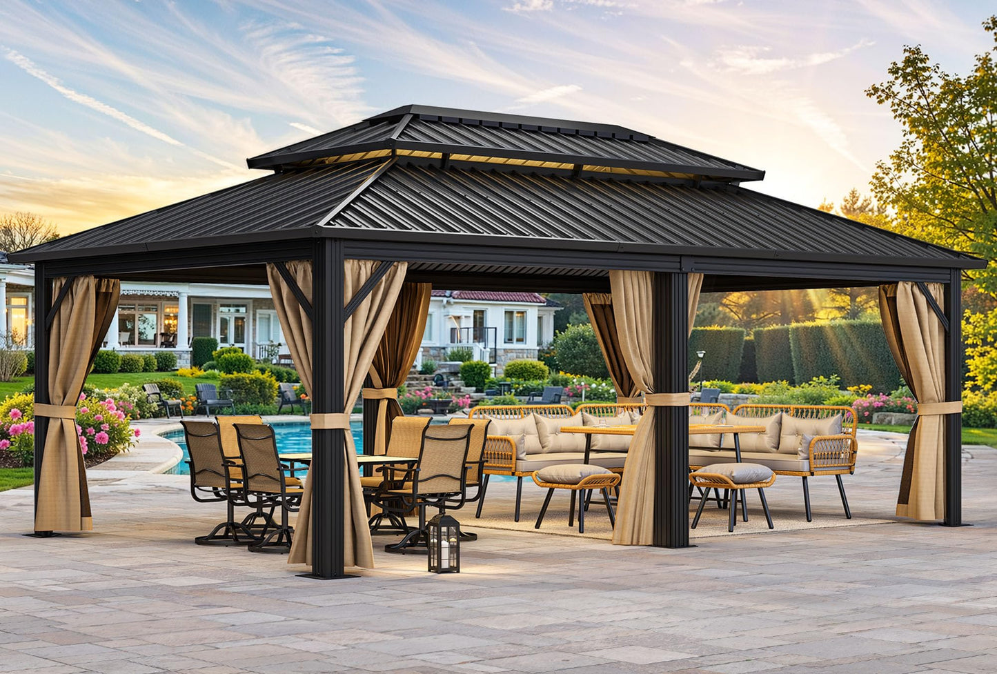 YITAHOME 12x20ft Gazebo Hardtop Canopy Heavy Duty Double Roof Outdoor w/Nettings and Curtains, Upgraded Aluminum Column Galvanized Steel Vertical Stripes Roof for Patio, Backyard, Deck, Lawns, Brown