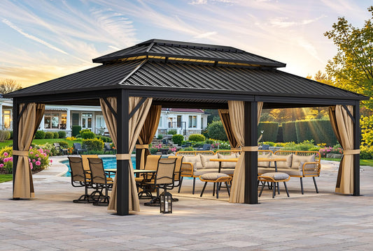 YITAHOME 12x20ft Gazebo Hardtop Canopy Heavy Duty Double Roof Outdoor w/Nettings and Curtains, Upgraded Aluminum Column Galvanized Steel Vertical Stripes Roof for Patio, Backyard, Deck, Lawns, Brown
