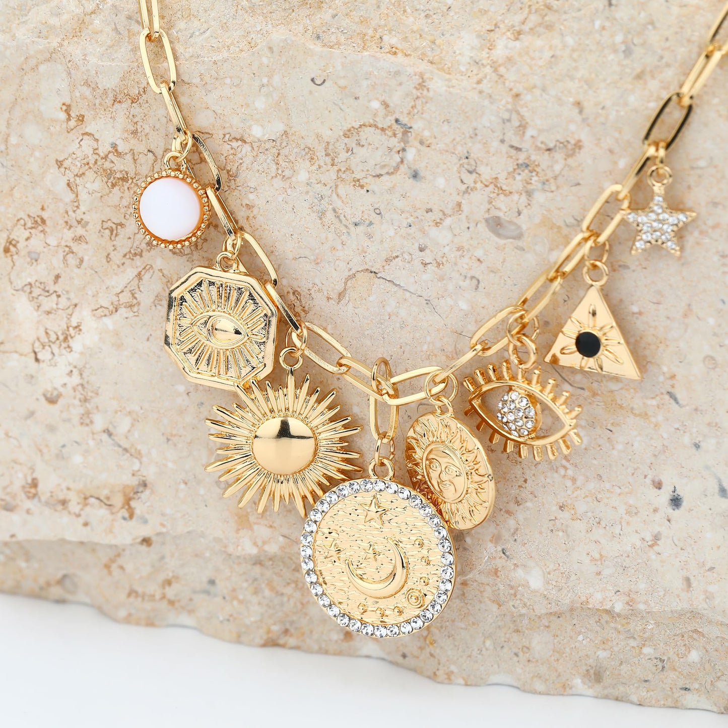 BONJOULRY Charm Necklace for Women Gold Sun Moon Evil Eye Coin Pendent Necklace Celestial Dainty Paperclip Chain Charms Necklaces Choker Necklaces Jewelry Coins