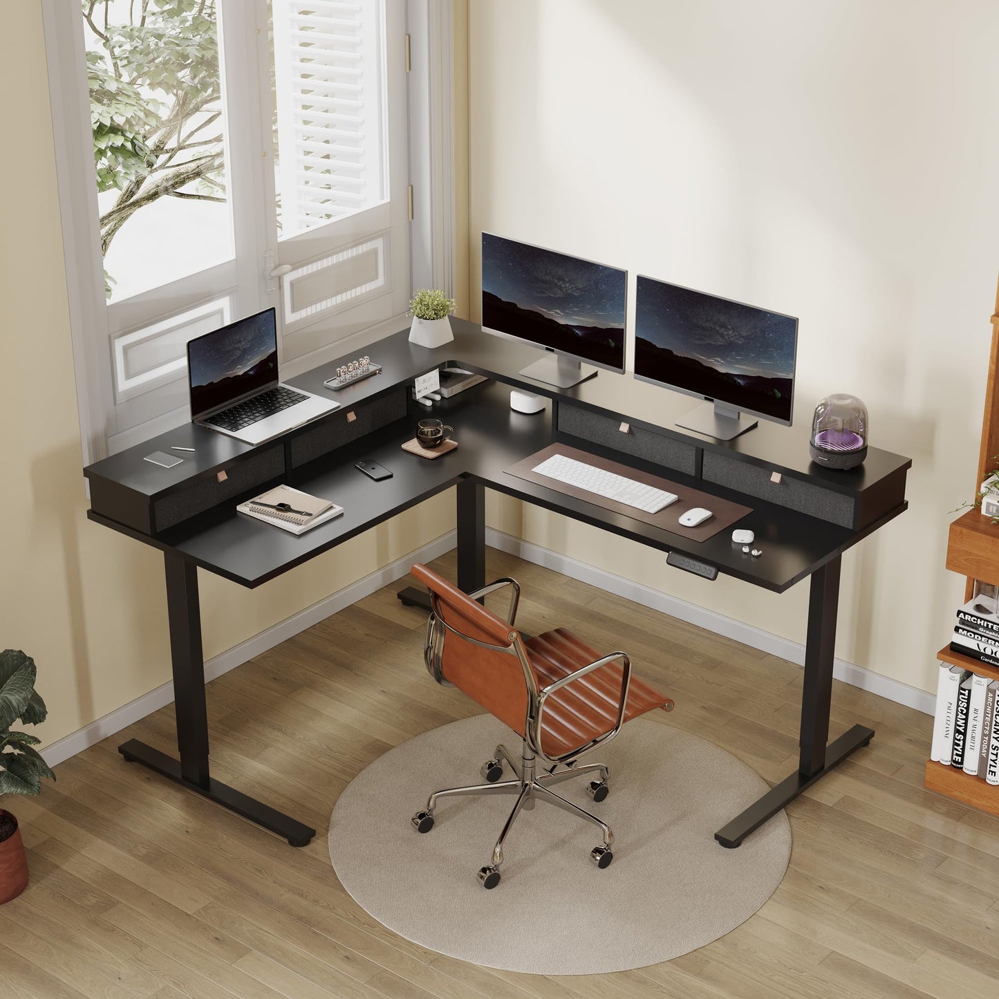 FLEXISPOT 63" L Shaped Standing Desk Electric Corner Table with Monitor Shelf, 4 Storage Drawers, Adjustable Computer Workstation for Home, Office, Game, Studio, Black Top + Black Frame