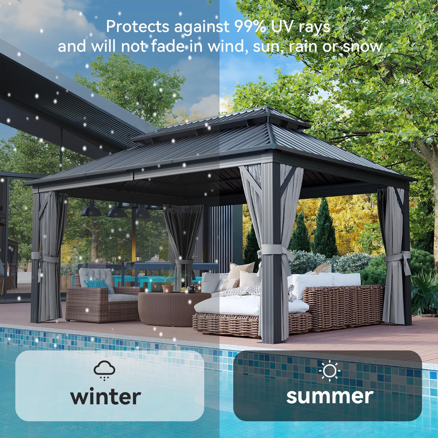 Aoxun 12FT X 16FT Hardtop Gazebo, Outdoor Pergolas with Mosquito Netting and Curtains, Galvanized Steel Double Roof Permanent Metal Gazebo, for Gardens, Decks, Patios, Parties