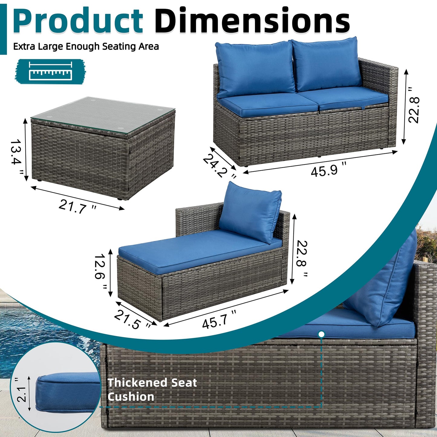 SUNLEI Small Outdoor Sofa Patio Furniture Set with Detachable Cushions, 3 PCS Patio Sectional Sofa with Coffee Table & 5 Position Adjustable,PE Rattan Patio Conversation Set, Silver Rattan/Royal Blue
