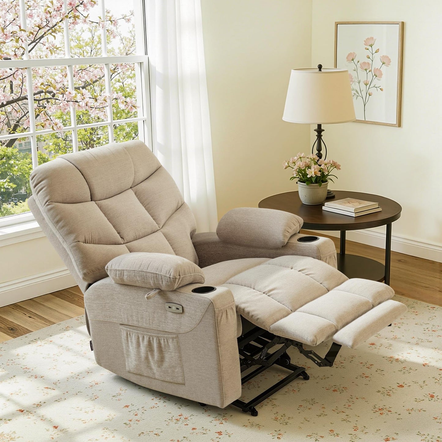 MCombo Power Lift Recliner Chair for Elderly, Electric Lift Chair with Extended Footrest, USB Ports, Cup Holders, Fabric 7287 (Oatmeal, Medium)
