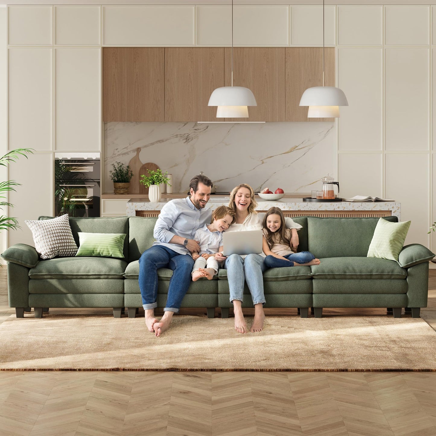 LINSY HOME Modular Sectional Sofa - 157 Inch Oversized Corduroy Cloud Couch with Movable Ottoman Soft Modern Comfy Sofa Set for Living Room Apartment Office, Green