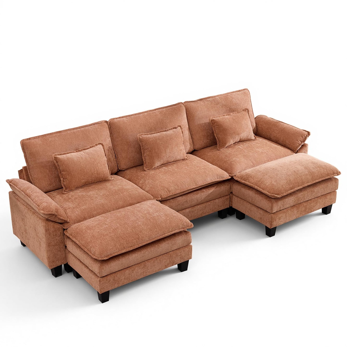 IPKIG 117" Modular Sectional Sofa, Chenille U-Shaped Sectional Couch Comfy Upholstered 3 Seat Sofa with 2 Ottoman, Deep Seat Cloud Couch Sofa for Living Room, Orange