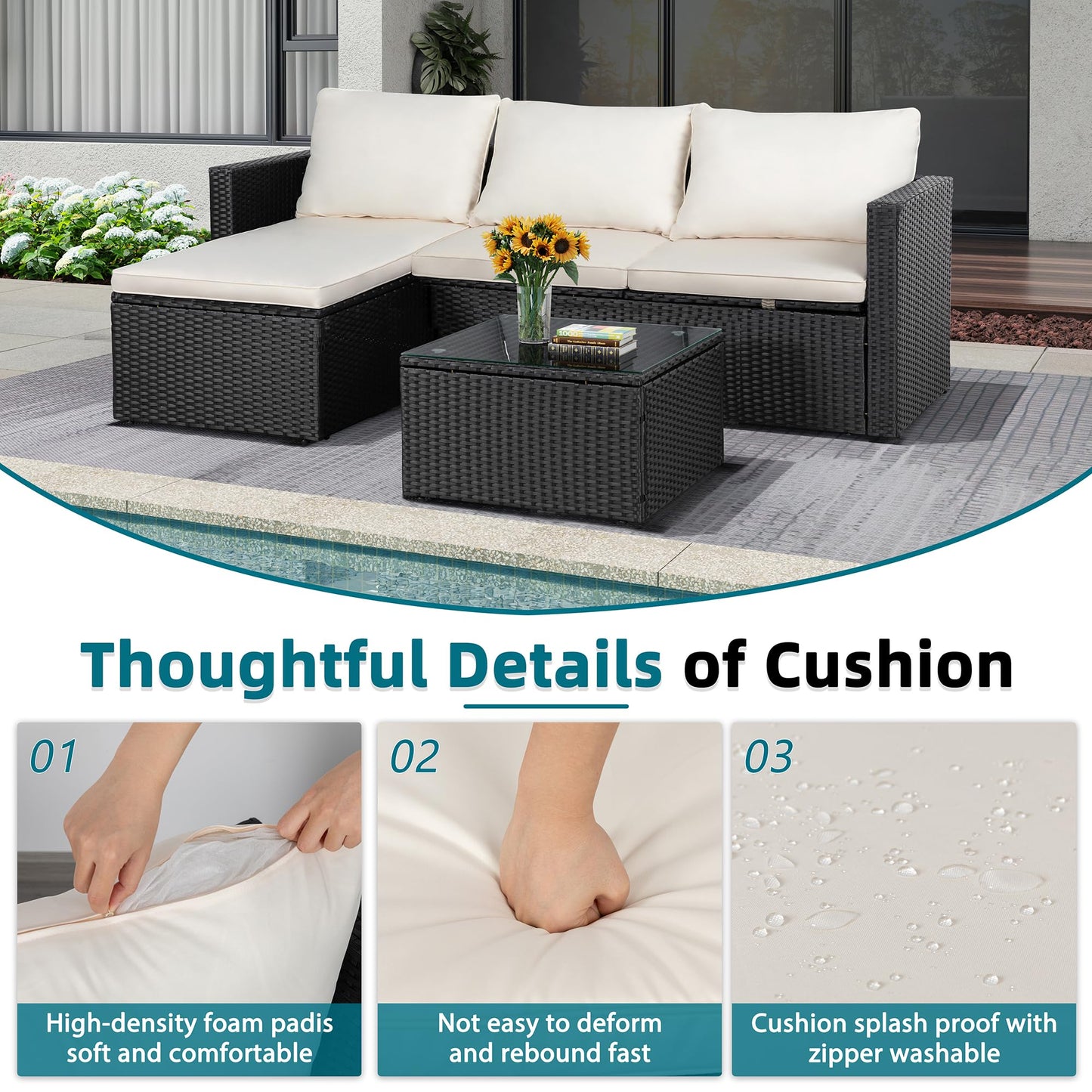 SUNLEI Patio Furniture Set with Detachable Soft Cushions, Outdoor PE Rattan Patio Conversation Sofa Set, 3-Piece Patio Sectional Sofa with Glass Coffee Table, Black Rattan/White