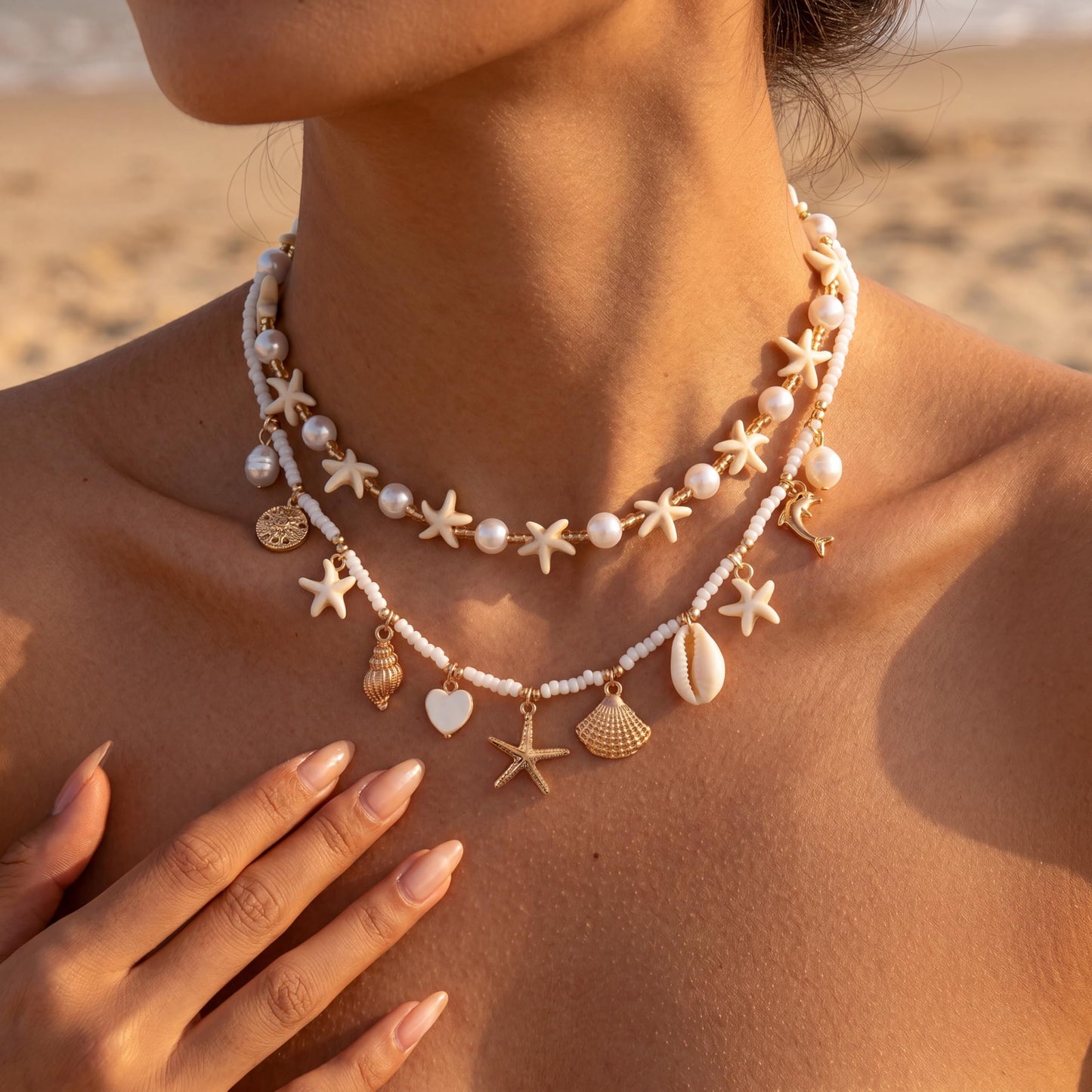 Shell Starfish Necklace for Women, Gold Plated Layered Pendant Necklace with Pearl Conch Charms, Boho Coastal Summer Beach Vacation Jewelry Gifts(Charm 2P)