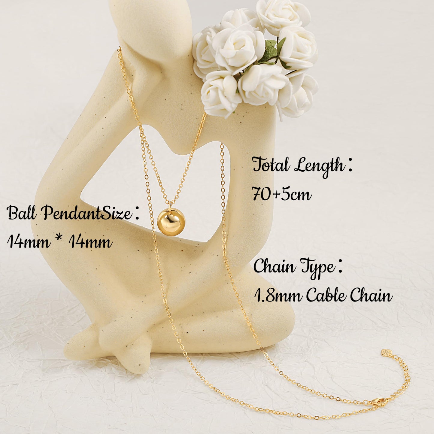 CANEVINKA 18k Gold Plated Ball Pendant Long Chain Necklace Dainty Personalized Handmade Layered Charm Spherical Sweater Necklace Glossy Minimalist Geometry Pendant Thin Cable Chain Necklace for Women